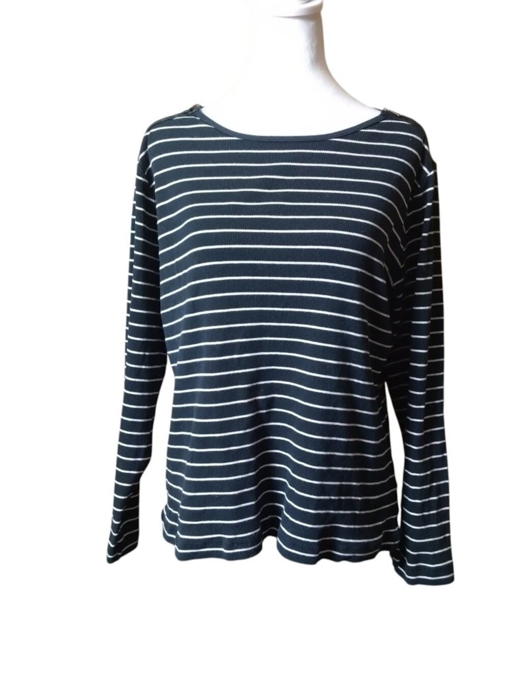 Lauren Ralph Lauren Size 1X Black White Striped Ribbed Top Leather Zip Shoulder